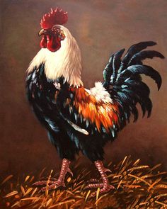 a painting of a rooster standing on top of dry grass in front of a brown background