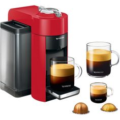 a red coffee maker next to two cups and an espresso machine on a white background