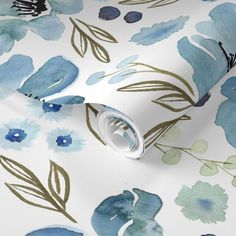 blue and green watercolor flowers on white wallpaper with metallic foiled detail to the edges