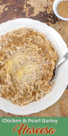 chicken and pearl barley cheese casserole on a white plate