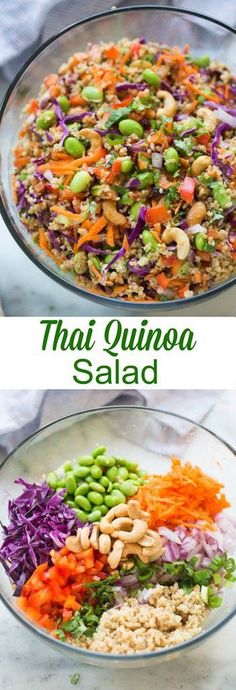 two bowls filled with different types of food and the words thai quinoa salad