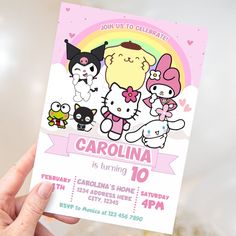 hello kitty and friends birthday invitation template Hello Kitty Invitation Template Editable, Hello Kitty And Friends Birthday Party, Friends Birthday Invitation, Baby Handprint Art, Baby Handprint Crafts, Hello Kitty Invitations, Life Printables, Birthday Milestone Board, First Birthday Posters