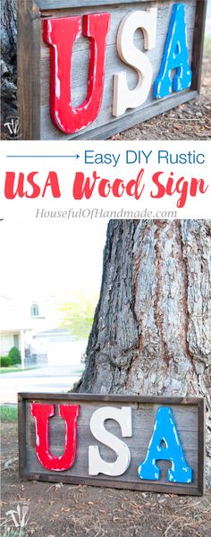 two wooden signs that say usa and the word usa painted on them are sitting next to a tree