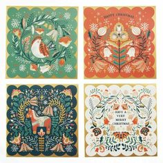 four christmas cards with animals and flowers on them, all decorated in different colors from green to orange