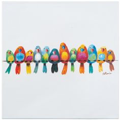 a group of colorful birds perched on top of each other's strings in a row