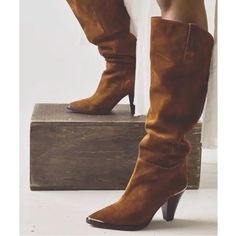 Free People Stevie Boot Is Nwb, In Suede Cognac. Size 40. Full Of Style With A Western Flare. Toe And Heel Metal Accents, Whipstitch Detail, Pointy Toe, Pull On Style, Slouchy. Boots Have Never Been Worn, But, Minor Scratches/Blemish That Is Detailed In Photos. 20in Shaft, 3.75 Heel, Brown Suede. Thanks For Checking Out! Taupe Suede Boots, Slouchy Boots, Free People Shoes, Metal Accents, Metallic Accents, Brown Suede, Suede Boots, Shoes Heels Boots, Fall Fashion