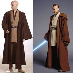 two pictures of star wars characters, one with a light saber and the other with a dark robe