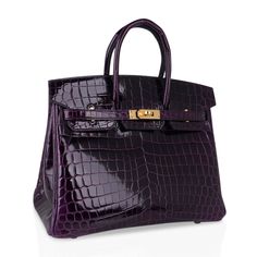 Hermes Birkin 25 Bag Aubergine Crocodile Gold Hardware Purple Birkin, Hermes Birkin Bag, Aubergine Color, Luxury Bags Collection, Backpack With Wheels, Hermes Birkin 25, Crocodile Bags, Purple Plum, Lv Bags