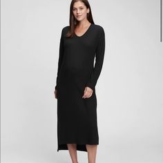 New With Tags Gap Maternity Softspun Dress True Black Straight Silhouette Relaxed Fit Hits At Ankle Soft Knit Long Sleeves V-Neck Hi Low Hem Size S Cheap Women's Gap Midi Dress, Navy Shirt Dress, Linen Sundress, Navy Blue Midi Dress, Gap Maternity, Cozy Dress, Sweater Fabric, Striped Shift Dress, Striped Sweater Dress