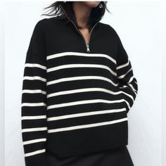 New Without Tags | Zara | 1/2 Zip Striped Sweater Purchased Last Summer, Never Worn. Size: M Color: Black + White Material: 58% Viscose, 24% Polyester, 18% Polyamide Zara Ss22 3519/125/084 See Photos For More Details. Bundle & Save Zars Collared Sweater, White Sweater Black Stripe, Womens Black And White Striped Sweater, Striped Zara Sweater, Cheap Zara Women's Sweater, Cheap Zara Sweater For Women, Half Zip Jumper, White Striped Sweater, Zara Sweater