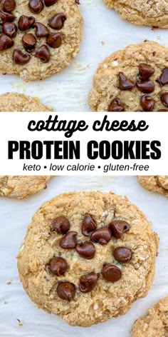 several cookies with chocolate chips on top and the words, cottage cheese protein cookies keto low calorie gluten free