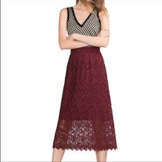 Details: -Brick Burgundy -Pleated Floral Outer Lace -No Stretch To Waist -Inner Slip -Back Zipper -Flowy Outer Layer Condition: Nwt Measurements: Approx. Length: Outer - 33" Length: Inner Slip - 22.50" Waist - 31" Material: 100% Polyester 383 Dream Fashion, Lace Midi Skirt, Burgundy Lace, Zara Skirts, Women Skirts Midi, Lace Skirt, What To Wear, Midi Skirt, Womens Skirt