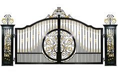 an ornate iron gate is shown against a white background