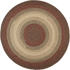 a round rug with red and beige circles on the center, in an oval shape