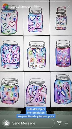 some jars with hearts painted on them