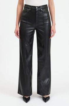 Faux leather adds plenty of attitude to these high-waisted pants styled in a roomy wide leg. 32 1/2" inseam; 22" leg opening; 12" front rise Zip fly with button closure Five-pocket style 100% polyester with polyurethane coating Machine wash, dry flat Imported Faux Leather Wide Leg Pants, Leather Wide Leg Pants, Fall Wardrobe Essentials, Black Leather Pants, Denim Blouse, Cute Blouses, Jumpsuit Shorts Rompers, Romantic Dress, Tshirt Skirt