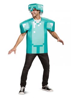 a man in a minecraft costume standing with his hands out to the side,