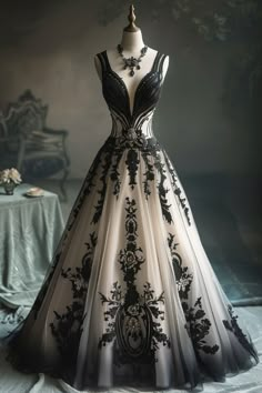 Villian Wedding Dress, Black Wedding Dress With White Lace, Black And White Boho Wedding Dress, Wedding Dress With Black Accents, Wedding Dresses Not White, White And Black Wedding Dress, Reception Dress Bride, Black And White Wedding Dresses, Black And White Wedding Dress