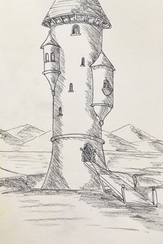 a drawing of a lighthouse on top of a hill