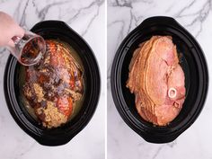 two pictures showing how to cook meat in the slow cooker