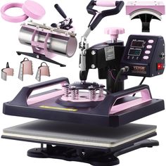 a pink and black sewing machine with accessories surrounding it on a white background in front of the image