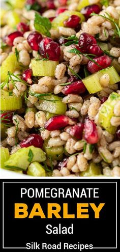 barley salad with cranberries, cucumbers and herbs in a white bowl