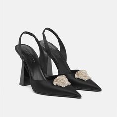 La Medusa Satin Slingback Pumps Black Brand New Size 38 Eur Available Luxury Slingback Pumps For Summer Formal Events, Luxury Black Slingback Pumps For Evening, Versace Pumps, Jewel Logo, Versace Heels, Heels Classy, Medusa Head, Aesthetic Shoes, Slingbacks