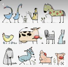 cartoon animals and birds in different poses