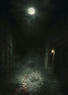 a person with an umbrella walking down a dark street at night under a full moon