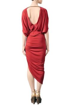 Shop for Mandira Wirk Red Draped Midi Dress for Women Online at Aza Fashions Draped Midi Dress With Pleated Back For Party, Evening Midi Dress With Ruched Back, Knee-length, Draped Midi Dress With Ruched Back For Evening, Evening Draped Midi Dress With Ruched Back, Mandira Wirk, Draped Midi Dress, Red Drapes, Midi Dress For Women, Draped Midi Dresses