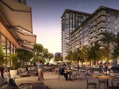 an artist's rendering of the outdoor seating area at dusk, with people walking and sitting