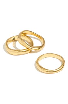 Made of recycled brass, this set of three band rings has an artful, organic feel. Set of three rings   Recycled metal/goldtone plate   Imported Three Rings, Eternity Band Ring, Recycled Metal, Keep Jewelry, Eternity Bands, Gold Plated Sterling Silver, Stacking Rings, Womens Jewelry Rings, Rings Statement