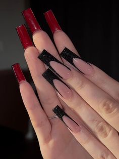 Red And Black Nail, Red Bottom Nails, Customized Nails, Long Square Nails, Tapered Square Nails, Black Acrylic Nails, Red Acrylic Nails, Tapered Square, Colored Acrylic Nails