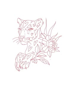 a drawing of a tiger with flowers on it's chest and eyes drawn in red ink