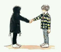 two people are shaking hands in front of each other, one is wearing a hoodie