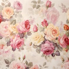 a floral wallpaper with pink, yellow and red roses on it's side