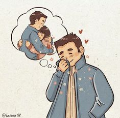 a man holding a baby in his arms and thought bubble above him with two other people