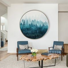 a living room with two chairs and a coffee table in front of a painting on the wall