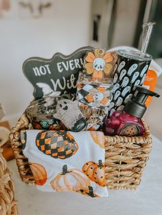 a basket filled with lots of items on top of a table