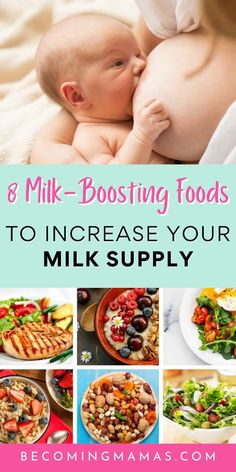 a woman breasting her baby while eating food from a bowl with the words 8 milk - booster foods to increase your milk supply