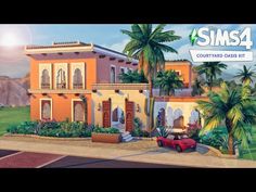 the sims4 courtyard oasis kit is on display in front of some palm trees