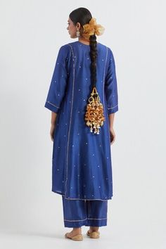 Blue kurta with sequin embellished butti patterns. Comes with pant and kiran lace lined dupatta. - Aza Fashions Festive Indigo Sets With Zari Work, Indigo Sets With Zari Work For Diwali, Indigo Zari Work Sets For Diwali, Designer Indigo Sets For Festivals, Indigo Festive Sets For Eid, Bollywood Style Indigo Festive Set, Festive Bollywood Style Indigo Traditional Wear, Indigo Salwar Kameez With Zari Work For Festivals, Festive Indigo Chanderi Sets