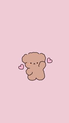 a brown teddy bear with hearts on it's chest sitting in front of a pink background