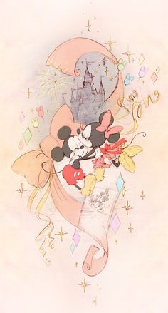 a drawing of mickey and minnie mouse in front of a castle with fireworks coming out of it