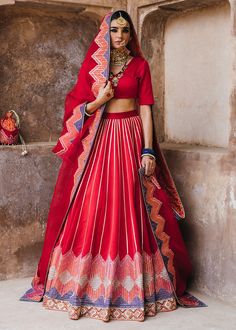 Satin Silk Lehenga, Stylish Lehenga, Satin Lehenga, Mughal Architecture, Red Lehenga, Wedding Lehenga, Silk Lehenga, Organza Dupatta