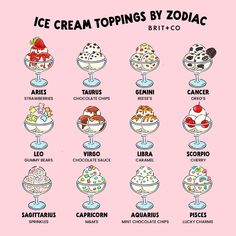 the ice cream toppings by zodiac are shown on a pink background with black and white lettering