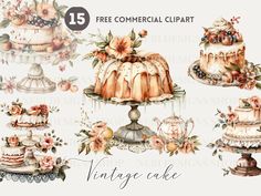 watercolor cake clipart set with flowers and fruit on top, vintage cakes for commercial use