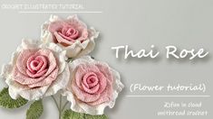 three pink flowers with green leaves on them and the words thai rose written in white