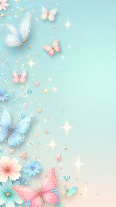 butterflies flying in the sky with stars and sparkles around them on a blue background