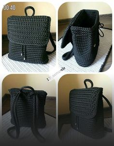 four pictures show how to make a crochet bag with handles and straps,